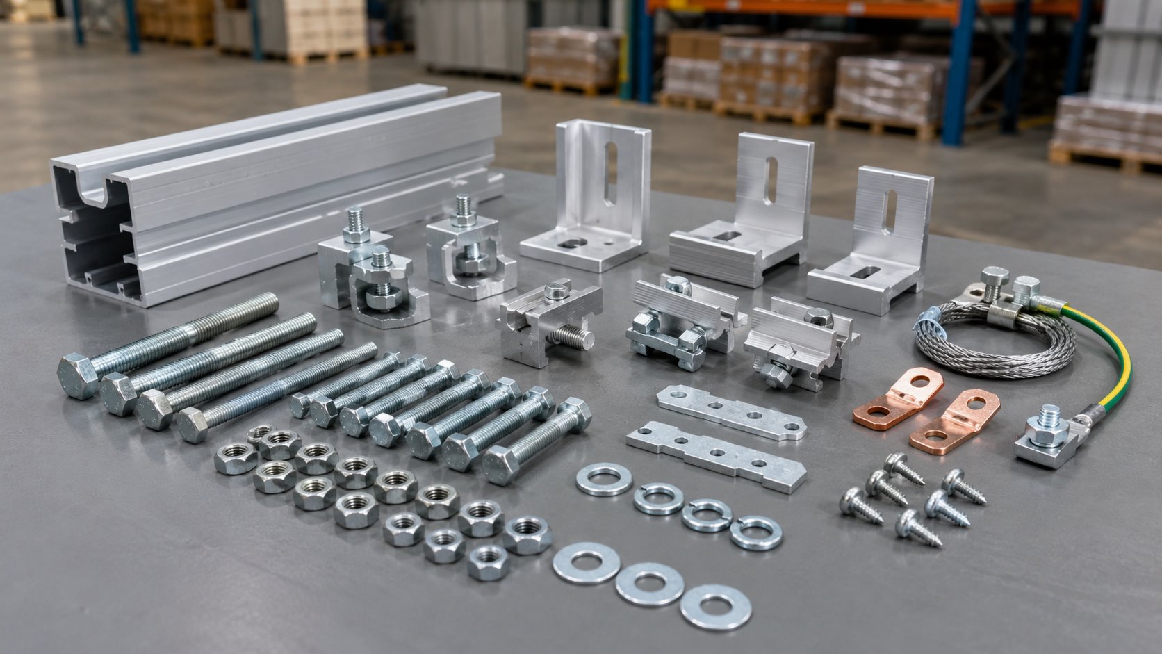Ground solar mounting hardware with bolts, brackets, rails and grounding parts