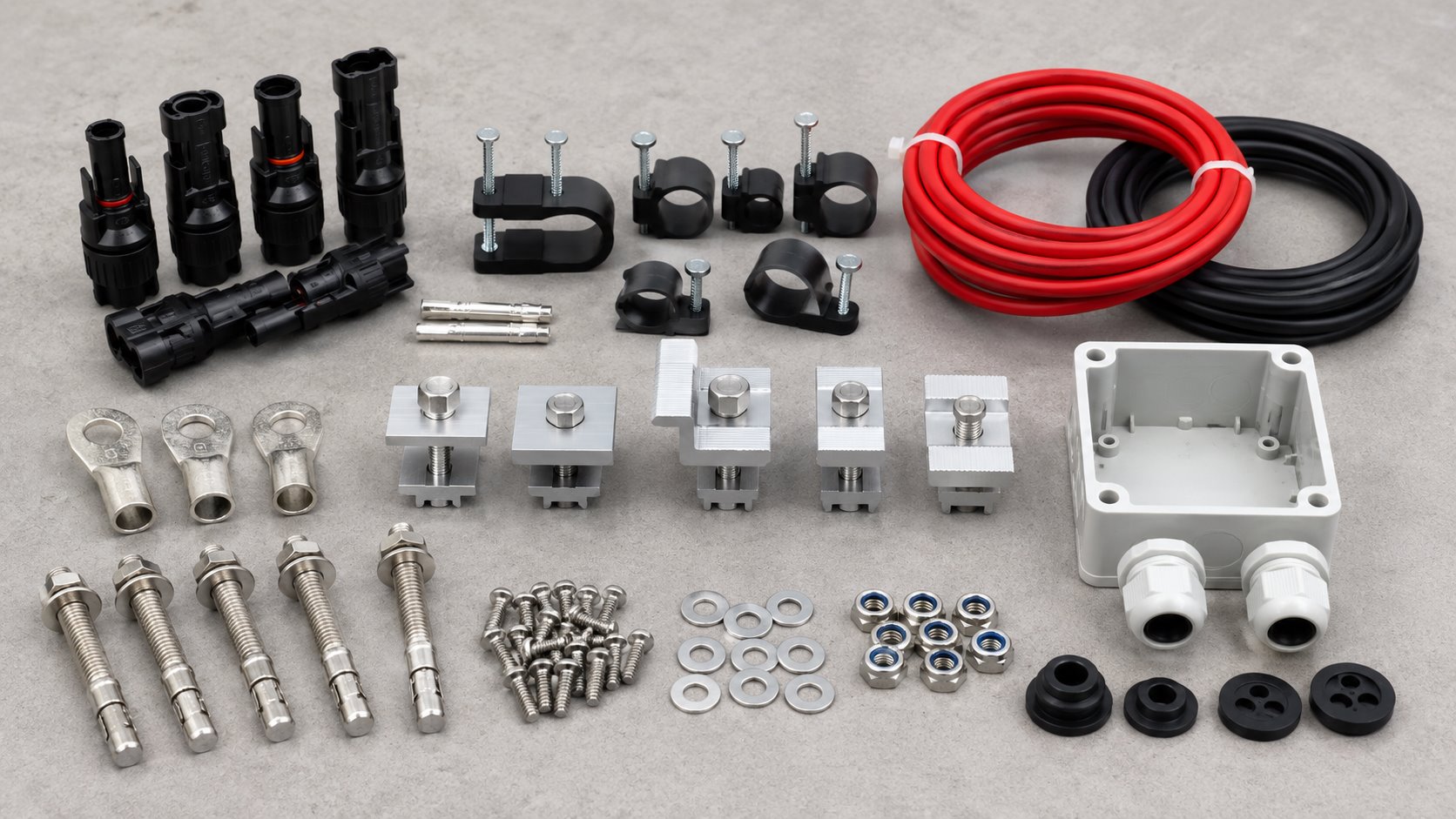 Common solar installer accessories including MC4 connectors, clamps and cable parts