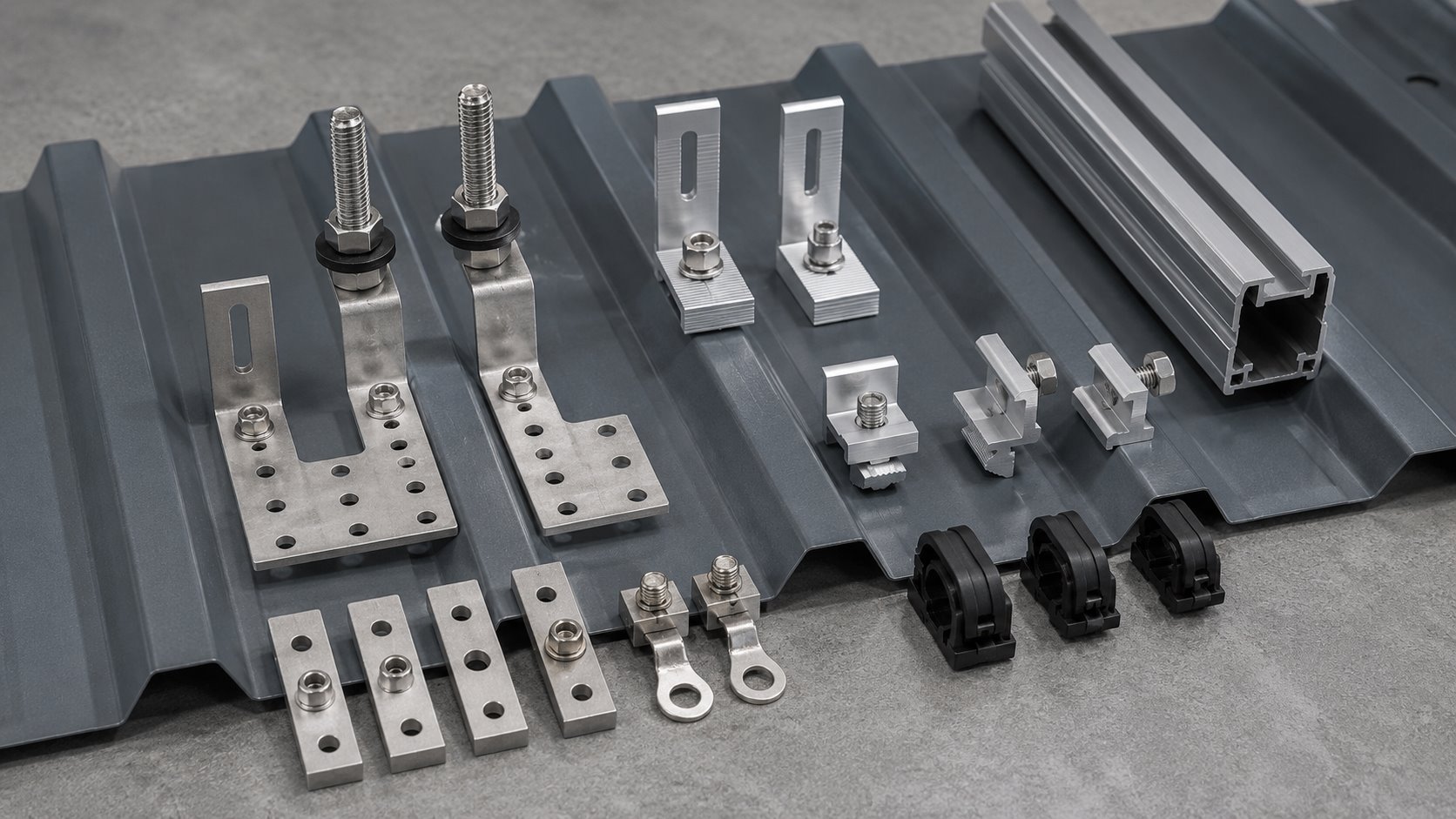 Metal roof solar mounting accessories on a trapezoidal roof sheet