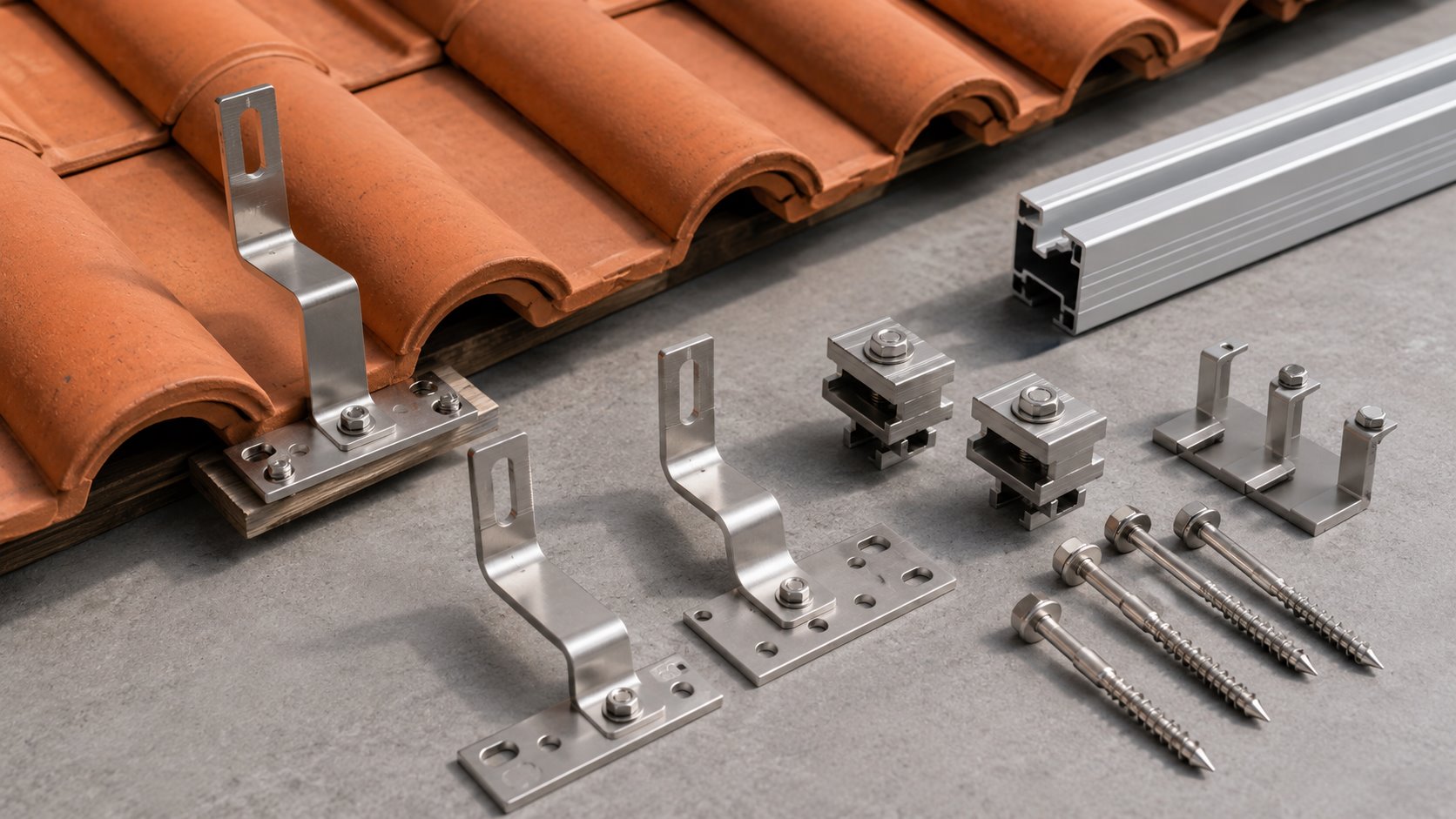 Tile roof solar hooks, rails and clamps arranged beside clay roof tiles